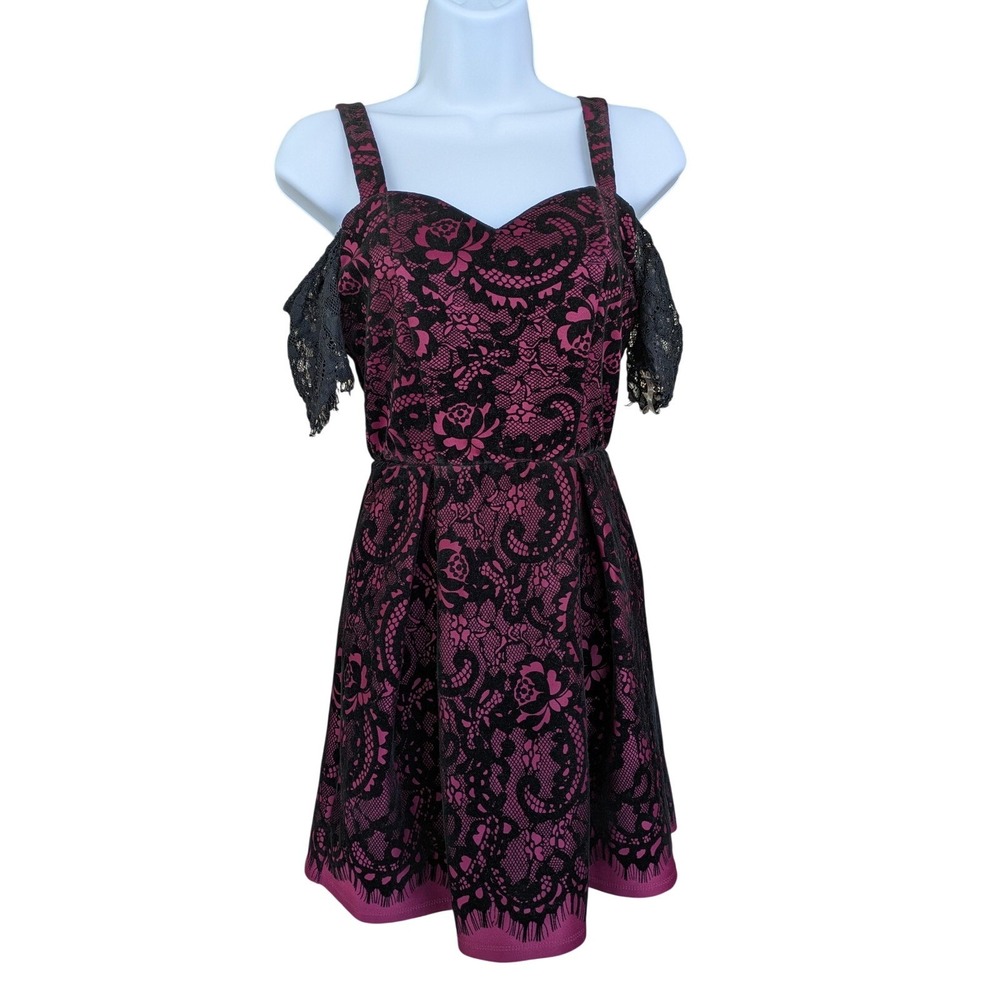 Black Pink Lace Cold Shoulder Fit & Flare Dress Goth Coquette Party Romantic